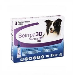 Капли Вектра 3D для собак весом 10-25кг от блох и клещей, 3шт*3,6мл
