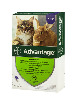 Капли Bayer Адвантейдж 80 от блох для кошек и декоративных кроликов от 4 до 8 кг, 4тюб. / Уп.