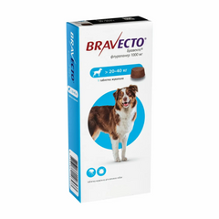 Жувальні таблетки Бравекто для собак вагою 20-40 кг від бліх та кліщів, 1000,0 мг